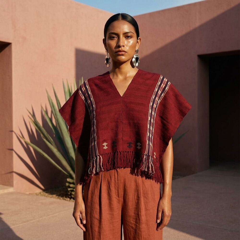 Traditional Mexican Huipil Blouse – Hand woven  Top S M L crop hand woven Vneck